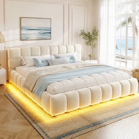 Cama tapizada doble (216x175x79.5 cm), con almacenaje hidráulico oculto, tira LED, terciopelo beige (1/5)