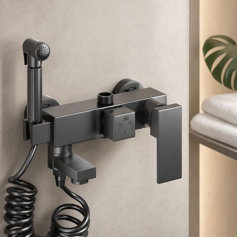 Mitigeur monocommande de douche gris brillant, 4 sorties avec pistolet pulvérisateur haute pression et bec inférieur, kit complet avec raccords (1/5)