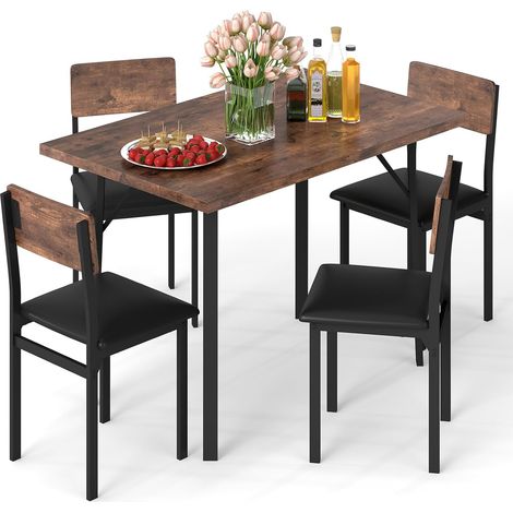 COSTWAY Set da Pranzo 5 Pezzi per 4 Persone, Tavolo da Cucina Industriale e 4 Sedie Imbottite in Pelle Finta con Gambe in Metallo, Set da Pranzo Salvaspazio per Piccoli Appartamenti e Angolo (1/5)