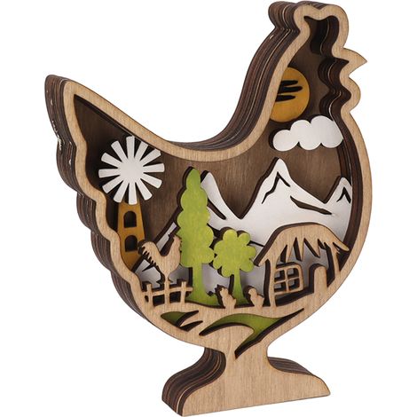 Poulet en bois sculpté servant d'ornement avec vue sur la montagne, un modèle de décoration intérieure coloré et raffiné (1/5)