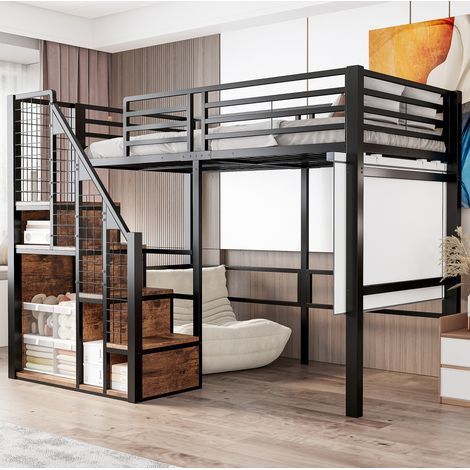 Letto a soppalco 90x200 cm nero metallo con scala e ripiano (1/5)