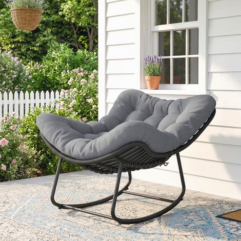 Rattan-Schaukelstuhl mit weichem Kissen für Garten und Balkon, Dunkelgrau