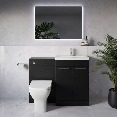 Napoli 390 Nero Oak 1100mm 2 Door Vanity Unit Toilet Suite with Glide Basin - 1100mm - Chrome 160mm HandleWith Kingston Toilet Pan and Seat