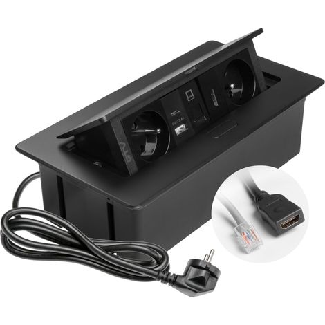 Prise encastrable noire avec 2 prises de courant avec terre, USB A+C, RJ45, HDMI 2.0, escamotable avec couvercle, câble de 1,5 m, pour la cuisine, le bureau ou la table de (1/5)