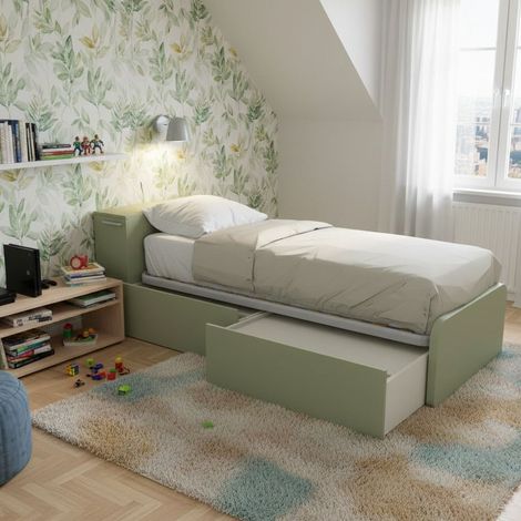 Letto singolo salvaspazio con cassetti e testata contenitiva - Salvia (1/5)