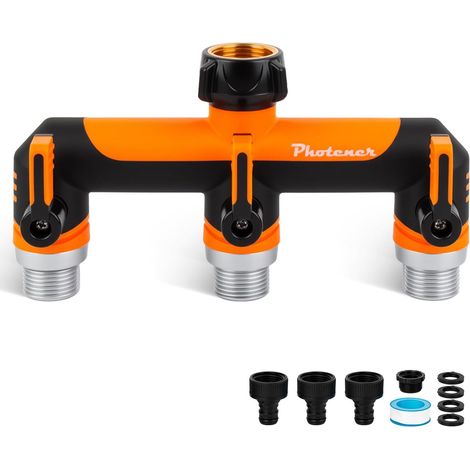 Robinet 3 Voies - 3/4 Pouce (26.5mm) avec Raccords Rapides, 3 Vannes de Débit Anti-Fuite, Revêtement en Caoutchouc Anti-Gel, Poignée Longue Facile à Utiliser - pour Jardin (1/5)