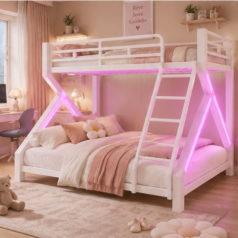Lit Superposé 90 x 200 cm / 140 x 200 cm avec Éclairage LED, Garde-Corps de Sécurité et Échelle, Structure Robuste en Métal, Lit Enfant et Ado,Blanc (1/5)