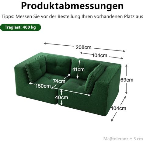 Canapé d'angle modulable en velours côtelé vert, convertible sans structure, 2 places confortable, parfait pour séjour ou chambre (1/5)