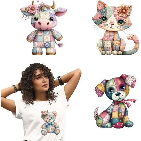 4 Sheets of Iron-On Stickers Animal Patchwork Printed Transfer Stickers Cow Cat Bear Dog for Decoration of T Shirts Hats (1/5)