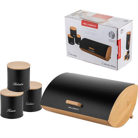 Küchenset: Brotkasten und 3 Behälter für Kaffee, Tee, Zucker, Florina Elegant, schwarz