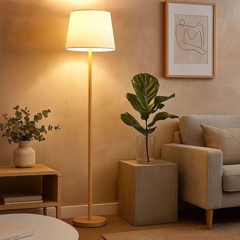 LED Stehleuchte Textil weiß Standlampe Holzoptik Wohnzimmerleuchte stehend, Metall,10,5W 1055lm warmweiß, DxH 35x151 cm (1/5)