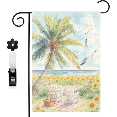 Drapeau de jardin palmier et mouettes pour l'été 30 x 45 cm décoration porche et entrée (1/5)