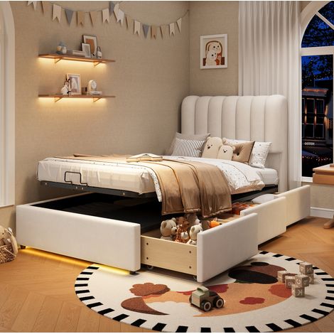 Letto contenitore con cassetti e LED in velluto beige 90x200 OKMYHOME (1/5)