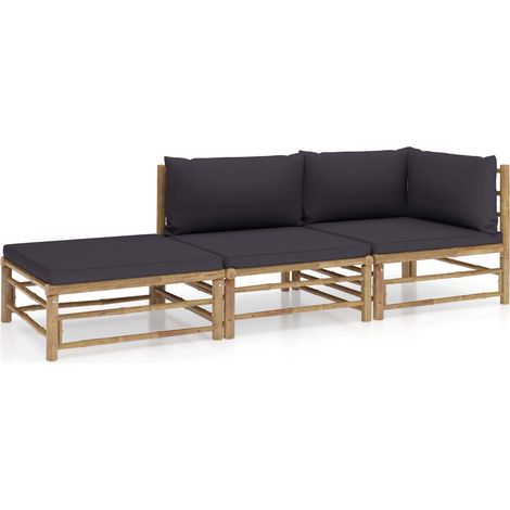 3-tlg. Garten-Lounge-Set mit Dunkelgrauen Kissen Bambus