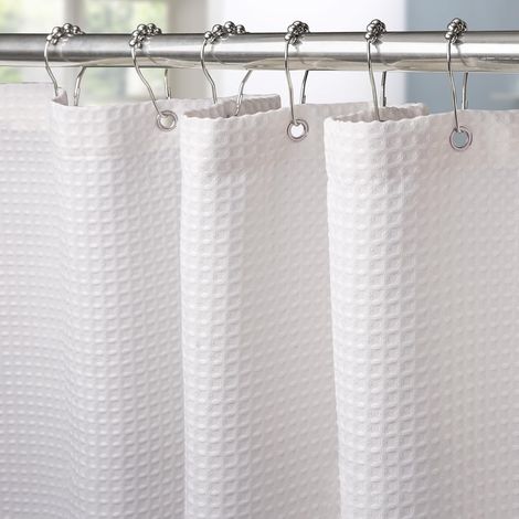 Rideau de Douche Motif Gaufre avec Anneaux en Métal Imperméable Anti-Moisissures Polyester Tissu Rideau Salle de Bain Lourd pour Baignoire Cabine de Douche - 152x214CM (Blanc)