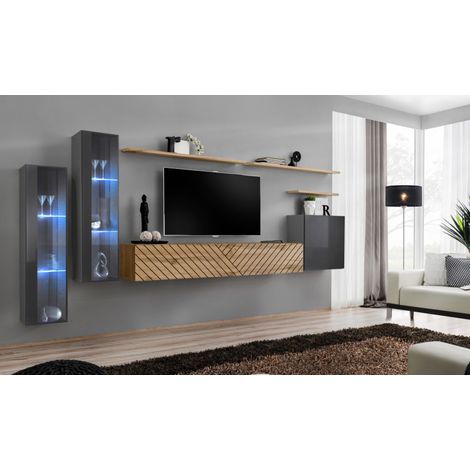 Ensemble de 7 meubles muraux "Switch XI" pour TV en bois - Beige et Gris - L 330 x H 160 x P 40 cm - Livraison gratuite