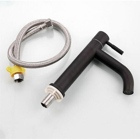 Robinet d'eau froide noir pour comptoir de salle de bain, robinet d'eau froide simple en acier inoxydable (coude bas et tube) (1/4)