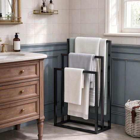 Porte-serviettes sur pied pour salle de bain, 3 barreaux, en métal noir, support autoportant sans perçage, design moderne 86cm, noir (1/5)