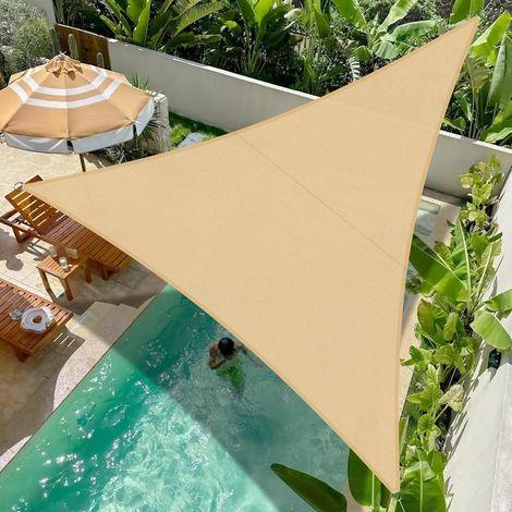 Vela de sombra triangular de 4x4x4 m, impermeable, con 95% de protección UV, para jardín, terraza o balcón. (1/5)