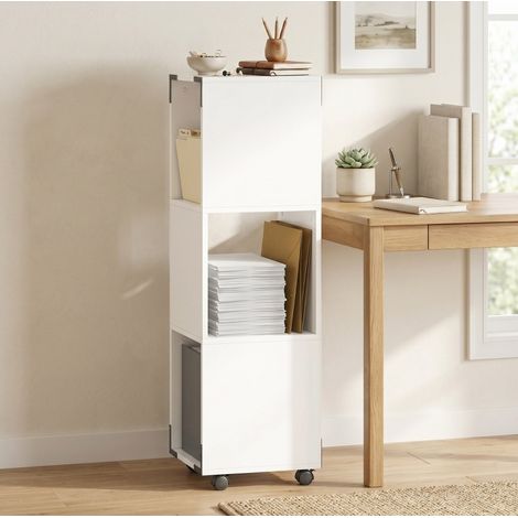 Cajonera de oficina móvil 33,5x33,5x111 cm de madera blanca, ahorro de espacio – MEUBLIV (1/5)