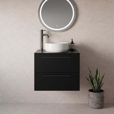 Napoli 460 Matt Black 600mm Wall Mounted 2 Drawer Vanity Unit for Countertop Basins - 600mm - Gunmetal Grey 320mm Handle