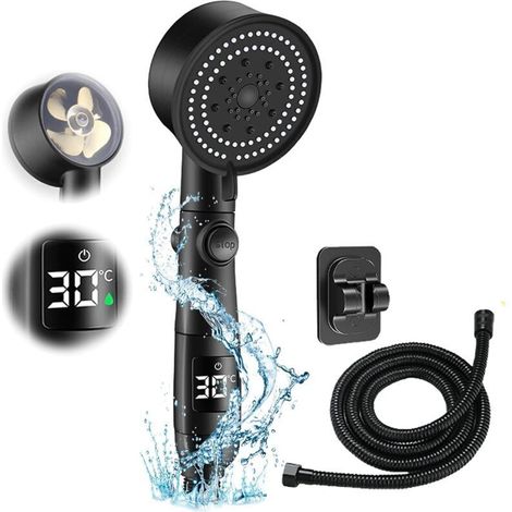 Cabezal de ducha digital con control de temperatura, cabezal de ducha de alta presión que ahorra agua, manguera de ducha de 1,5 m con válvula de cierre, 5 modos, cabezal de ducha de 9 cm de diámetro c