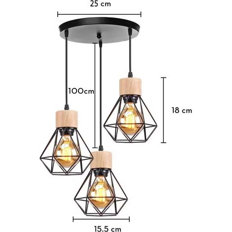Lustre Industriel en Bois Métal Rétro Plafonnier Abat-Jour Design Cage E27 Éclairage de Plafond pour Salon Chambre Cuisine Noir (1/4)