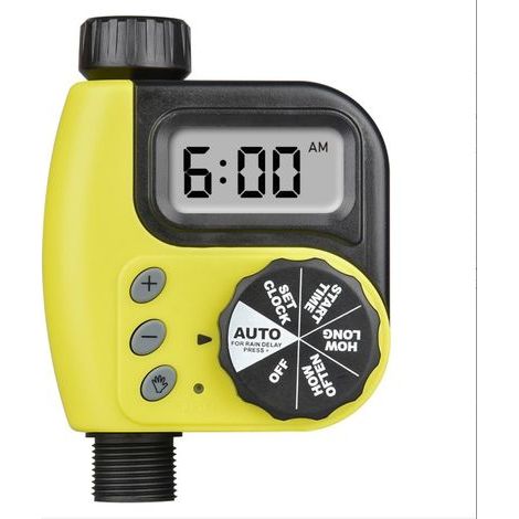 Minuteur d'arrosage extérieur (avec affichage numérique) — Programmateur d'irrigation automatique multi-programmes, commande manuelle, fonction de report en cas de pluie — (Jaune) (1/3)