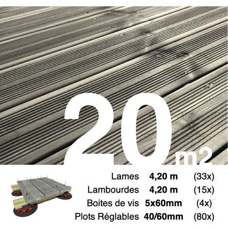 Kit complet terrasse Pin autoclave Gris pour 20 m² • Lames 4,2 m, lambourdes 4,2 m, plots réglables et visserie Inox • Livraison gratuite (1/3)