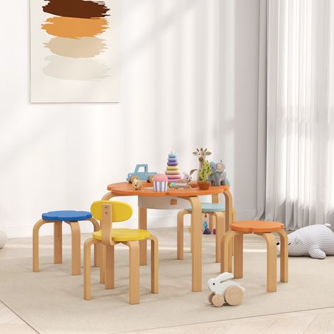 Set di 5 pezzi composto da tavolo e sedie per bambini, con borsa per riporre gli oggetti, a forma di fiore, per sala giochi, cameretta, in legno, colorato.