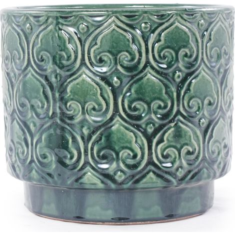 Maceta de cerámica verde brillante Ø19 cm con relieve de corazón y orificio de drenaje (1/5)