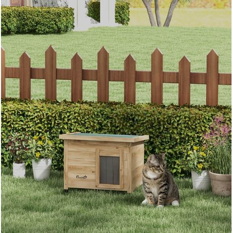 Wetterfeste Outdoor-Katzenhütte 57 x 45 x 43 cm, Naturholz HAVRYA (1/5)