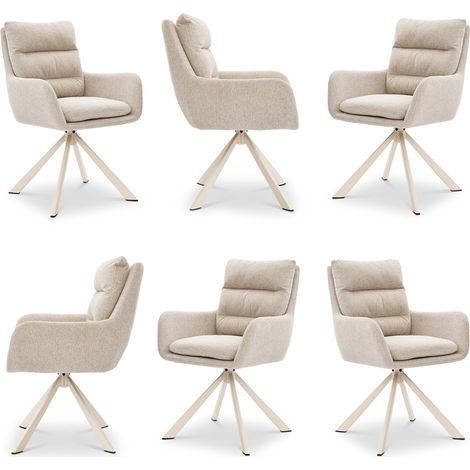 Bon Furni Webstoff Esszimmerstuhl Beige, 6er Set, 360° drehbar, mit segmentierter Rückenlehne, Armlehnen & passenden weißen Beinen