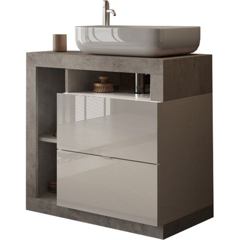 Mueble de baño BURA – 79 cm – Blanco brillante y concreto – Lavabo incluido – 2 cajones