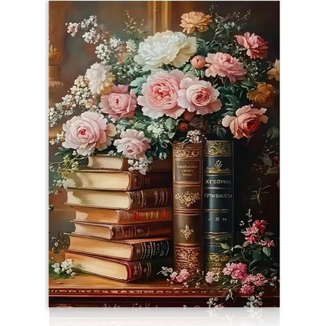 Décoration Murale Vintage sur Toile, Art de Livres Anciens et Roses Classiques pour Bureau, Chambre (1/5)