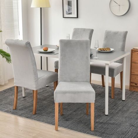 Set of 4 Stretch Chair Covers for Dining Room Chairs, Stretch Elastane with Elastic Band, Large Velvet Dining Room Chair Covers (Light Grey) (1/5)