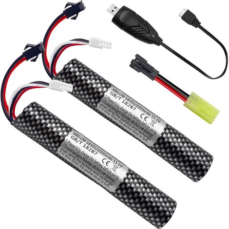 Batería de 11,1 V y 2000 mAh para pistolas de gel Airsoft con cable de carga, batería Splatter Airsoft (2 unidades)