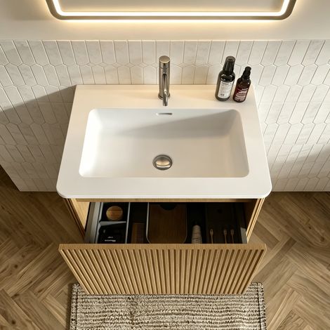 Lavabo avec meuble sous-vasque pour petites salles de bains, vasque en fonte minérale, design rainuré, meuble de salle de bains mural de 60 cm, couleur chêne naturel, pré-assemblé (1/5)