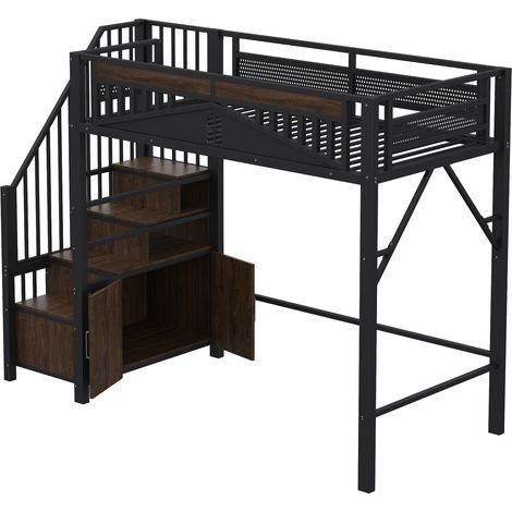 Letto a soppalco in metallo 90 x 200 cm nero con scala contenitore e finestra MODENUIT (1/5)