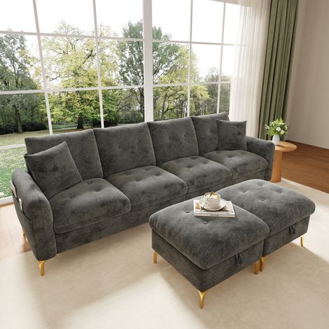 Divano modulare 4 posti a U con 2 pouf contenitore grigio DESVIAE (1/5)