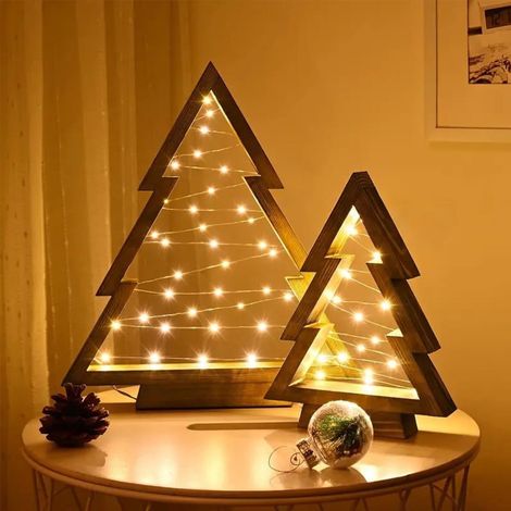 Arbre De Noël En Bois - Veilleuse Avec Lumières Led Chaudes - Décoration De Bureau Et Étagère - 2 Pièces (1/4)