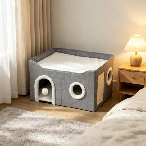 Cuccia pieghevole per gatti da interno, con tiragraffi, cuccia rialzata, ingressi multipli, giocattoli sospesi e tappetino double-face (solo 1 cuccia). Spedizione dal sito. (1/5)