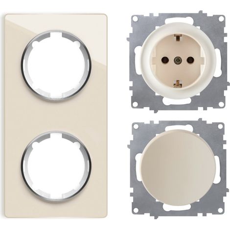 Plaque de finition 2 postes Garda, vertical + 1 Interrupteur simple allumage + 1 Prise avec terre - beige