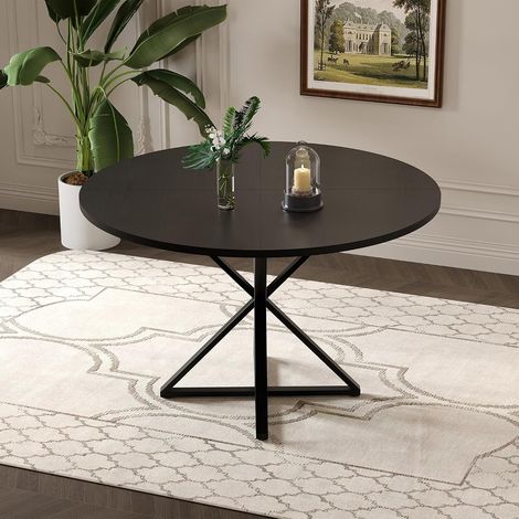 Table à Manger Ronde 120 cm pour 4 à 6 Personnes, Plateau MDF Effet Bois et Pied Central en Acier, Style Campagne Moderne Noir pour Cuisine et Salle à Manger (1/5)