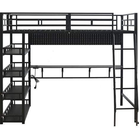 Cama alta de metal negro con estantes, puerto USB, escalera de 4 peldaños, 140 x 200 cm (1/5)