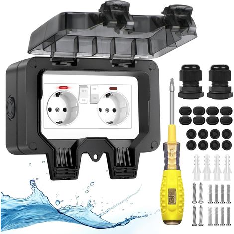Prise extérieure Prise étanche extérieure IP66 avec interrupteur Témoin lumineux,Prise extérieure en saillie Jardin Outdoor Prise murale avec couvercle rabattable verrouillable Double prise noire (1/5)