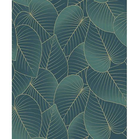 Papier peint feuilles tropicales bleu canard doré (1/2)