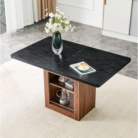 Mesa de comedor extensible 130-160 x 80 x 75,5 cm, con almacenaje, negro efecto madera, DESVIAE (1/5)