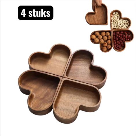Ensemble de 4 bols en forme de cœur empilables pour fruits secs noix bonbons et collations avec assiette et plateau de service en bois massif (1/5)