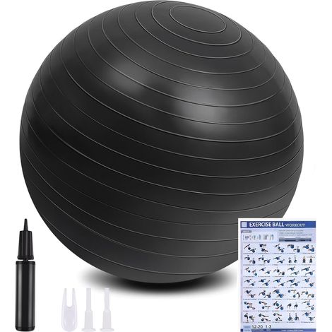Fitness Ball, Ultra-Thick Anti-Explosion Yoga Ball with Inflatable Foot Pump, Fitness Ball for Sports, Yoga, Pilates, Pregnancy and Artificial Labor, Black - 55CM (1/5)